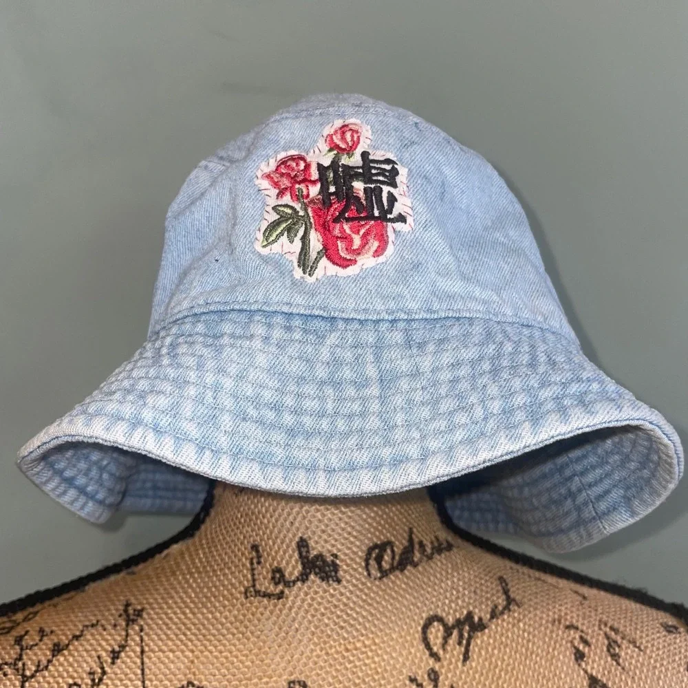 Handmade Denim Embroidered‎ Upcycled Rose Patched Unique Bucket Hat Blue L/XL